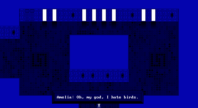 Some dialogue; Amelia: 'Oh my god, I hate birds.'