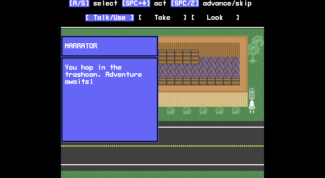Dialogue with a trashcan in 80525: 'You hop in the trashcan.  Adventure awaits!'